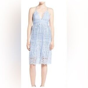 Bardot Light Sky Blue Lace V Neck Bodycon Midi Dress Size 4